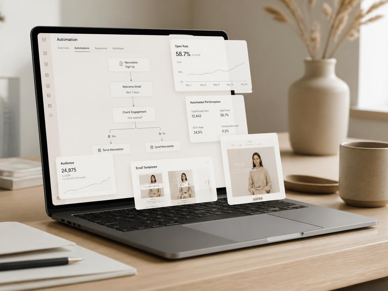 Dashboard med e-mail automatiseringer, flows og nyhedsbreve på en laptop