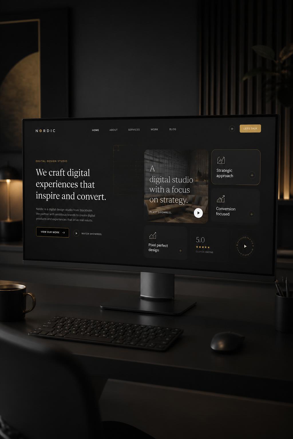 Premium webdesign mockup på skærm i mørk minimal studio