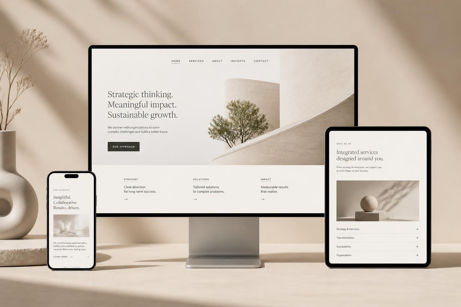 Wix hjemmeside vist på desktop, tablet og mobil